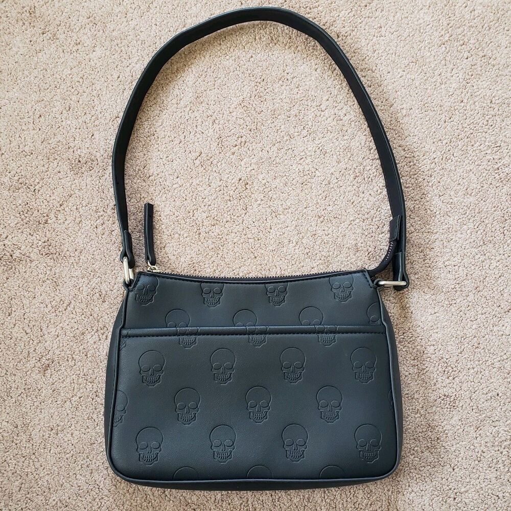 Mad Engine Black All Over Skull Embossed Shoulder Bag Purse Faux Leather